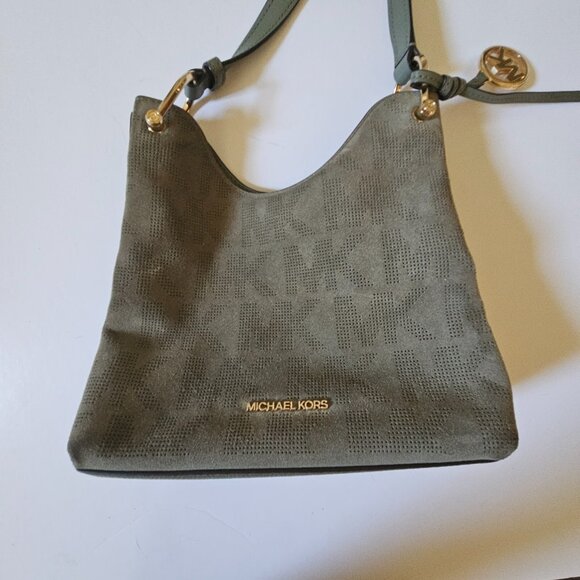 Michael Kors Joan Small Green Perforated Suede Leather Slouchy Messenger - Picture 5 of 7